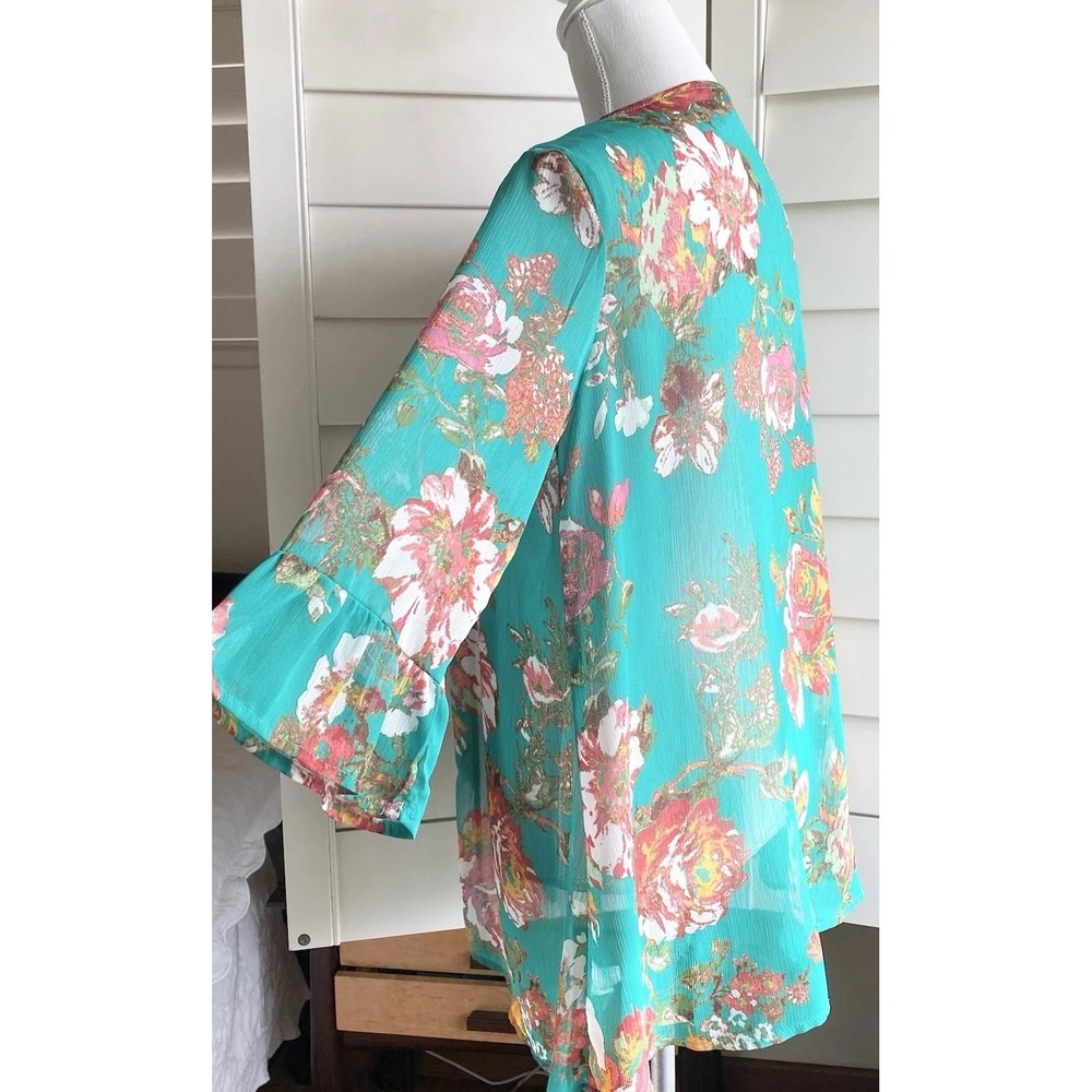 Boho Sheer Floral Kimono XS Tropical Green Open Front Beach Cover Up Lightweight - Picture 3 of 9